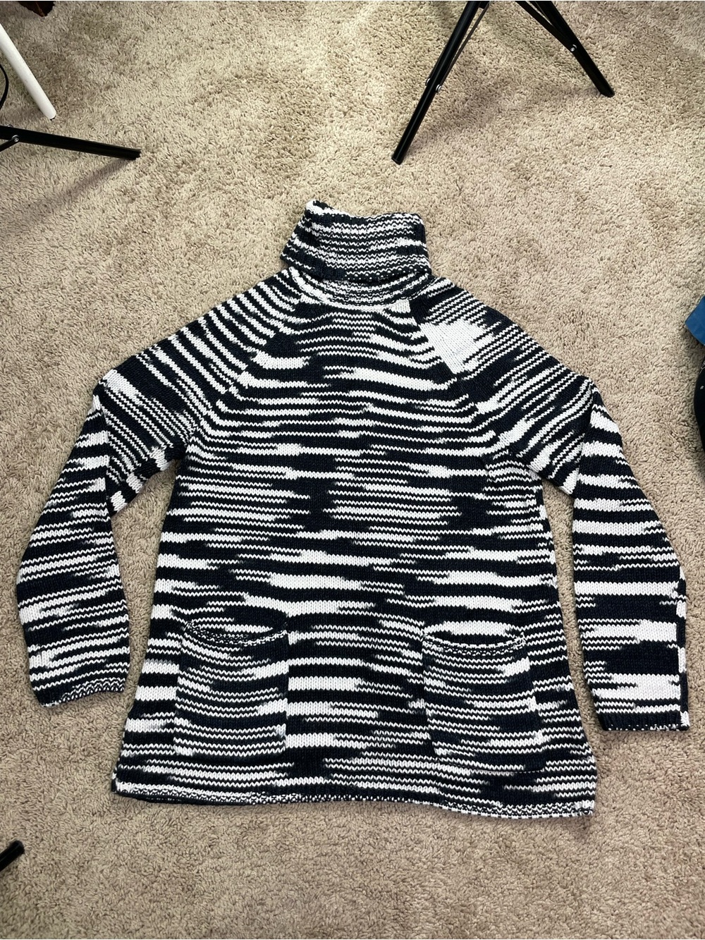 Chico's Black and White Striped Cowl Neck Sweater